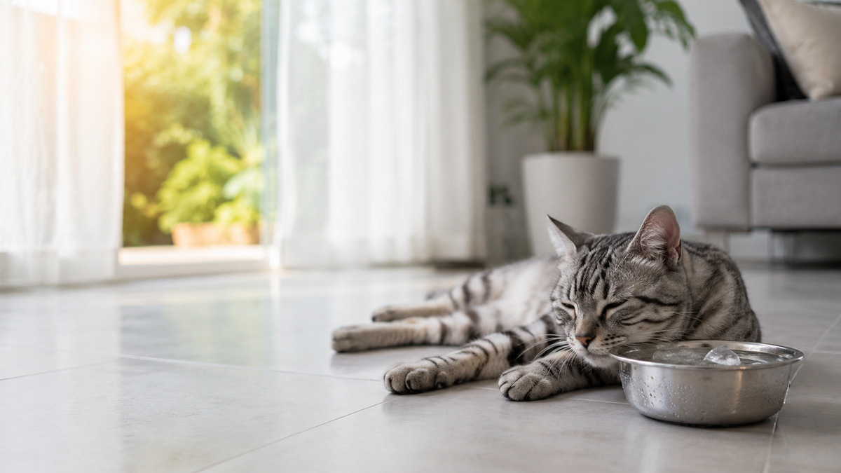 Chat au frais près de son arbre à chat pendant une journée de canicule Image