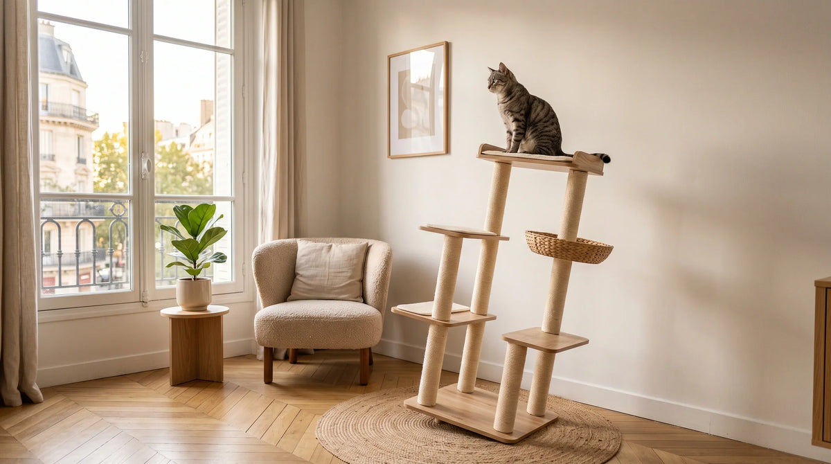 Arbre à chat élancé en bois et sisal posé sur une base étroite dans un salon, un chat tigré assis sur la plateforme la plus haute Image