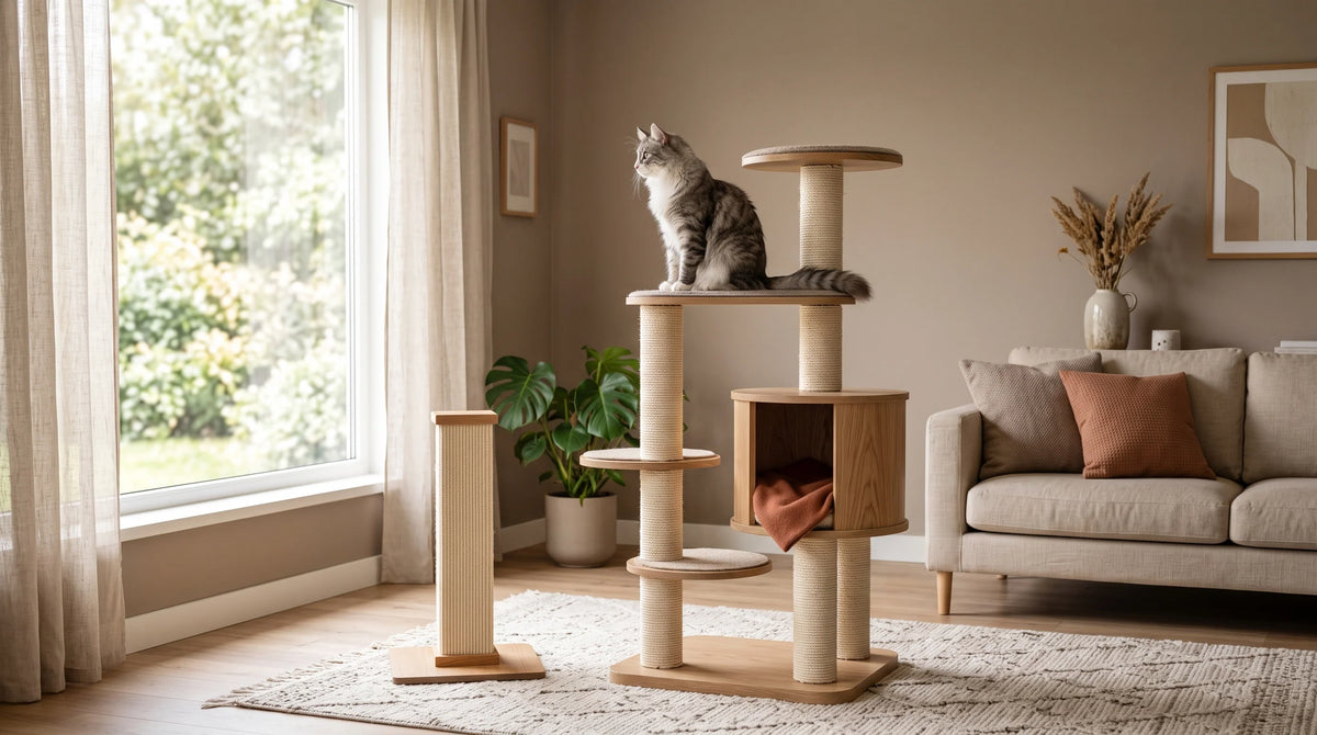 Arbre à chat en bois et griffoir en sisal dans un salon pour bien choisir Image