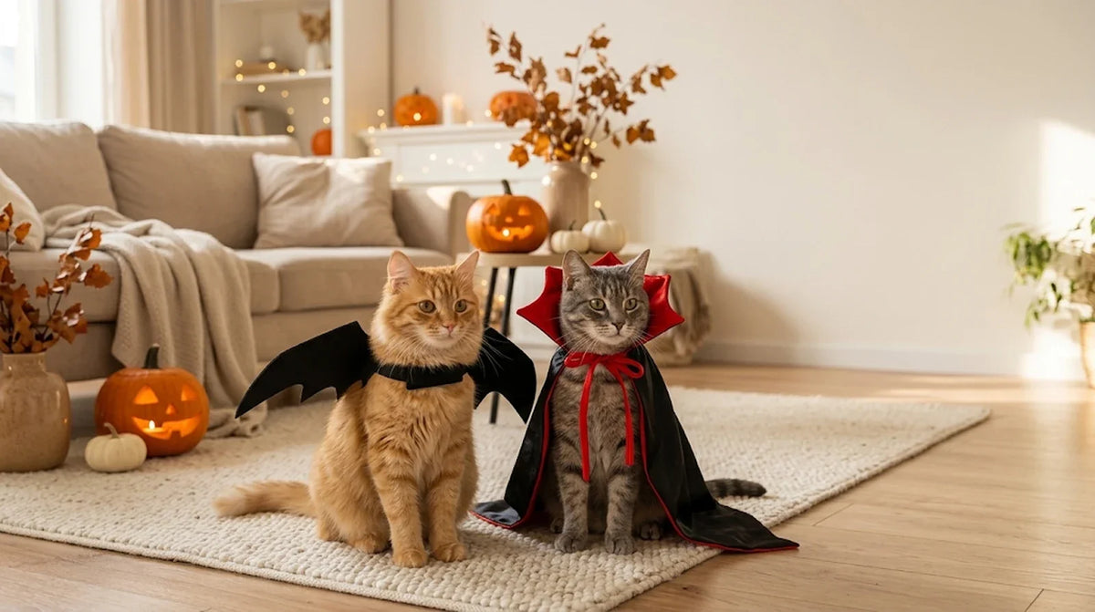 Deux chats déguisés pour Halloween, l'un avec des ailes de chauve-souris, l'autre avec une cape de vampire, dans un salon décoré Image