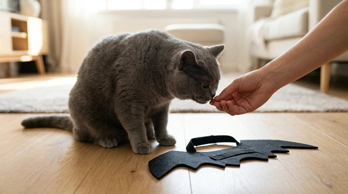 Chat gris qui prend une friandise à côté d'ailes de chauve-souris en feutre posées au sol