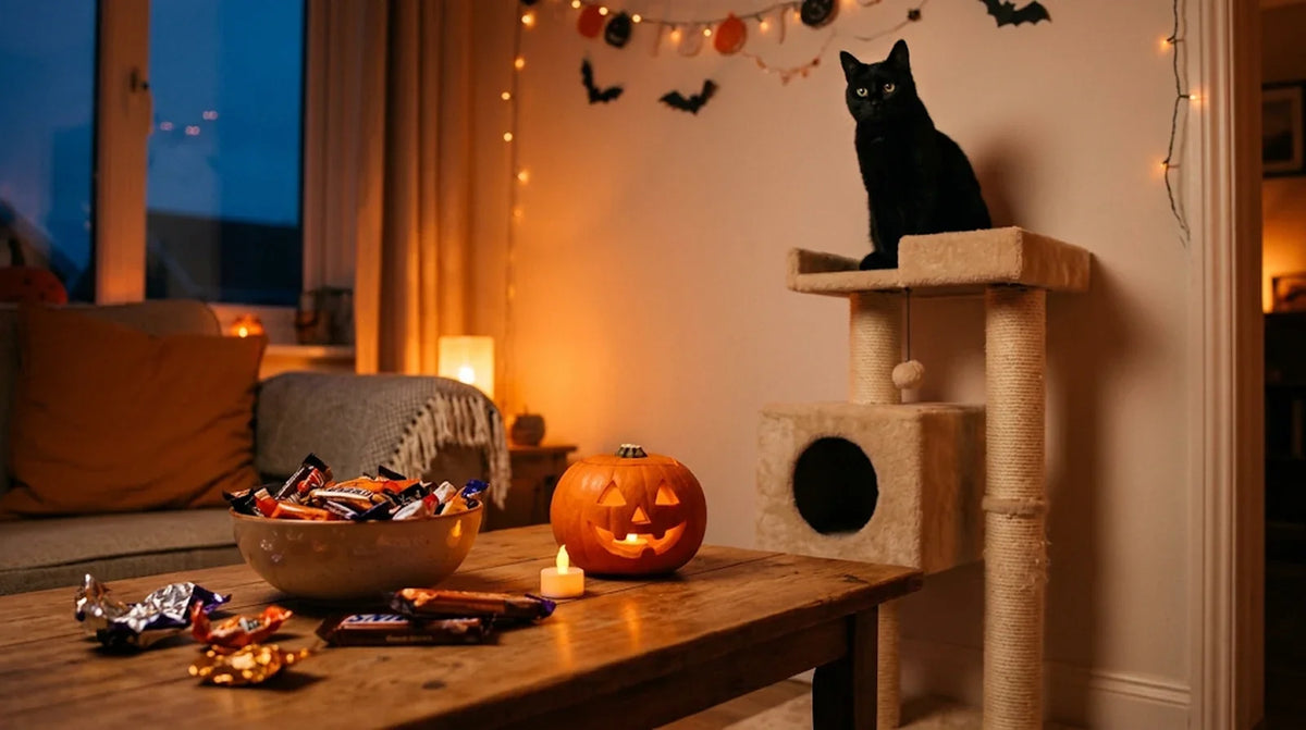 Chat noir qui observe depuis son arbre à chat une table basse avec bonbons, chocolat et citrouille éclairée Image