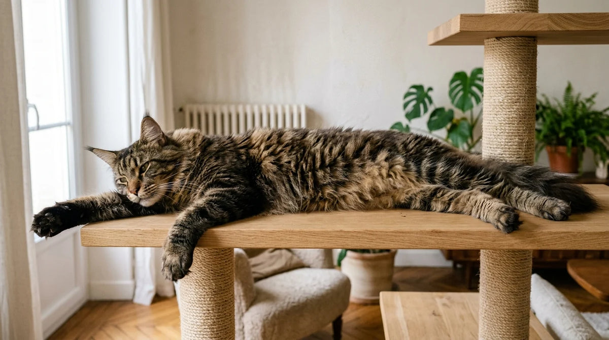 Grand chat tigré à poil long allongé de tout son long sur la plateforme en bois d'un arbre à chat, occupant toute la largeur du plateau