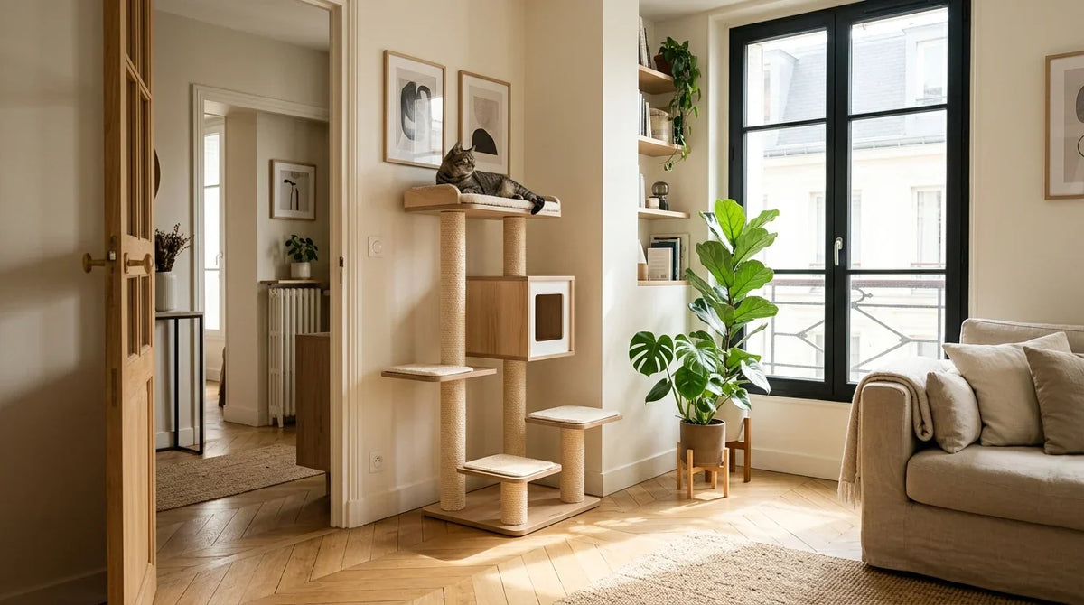 Arbre à chat en bois clair placé dans l'angle d'un salon, décalé de la fenêtre, un chat tigré perché en haut observe la porte ouverte de la pièce Image