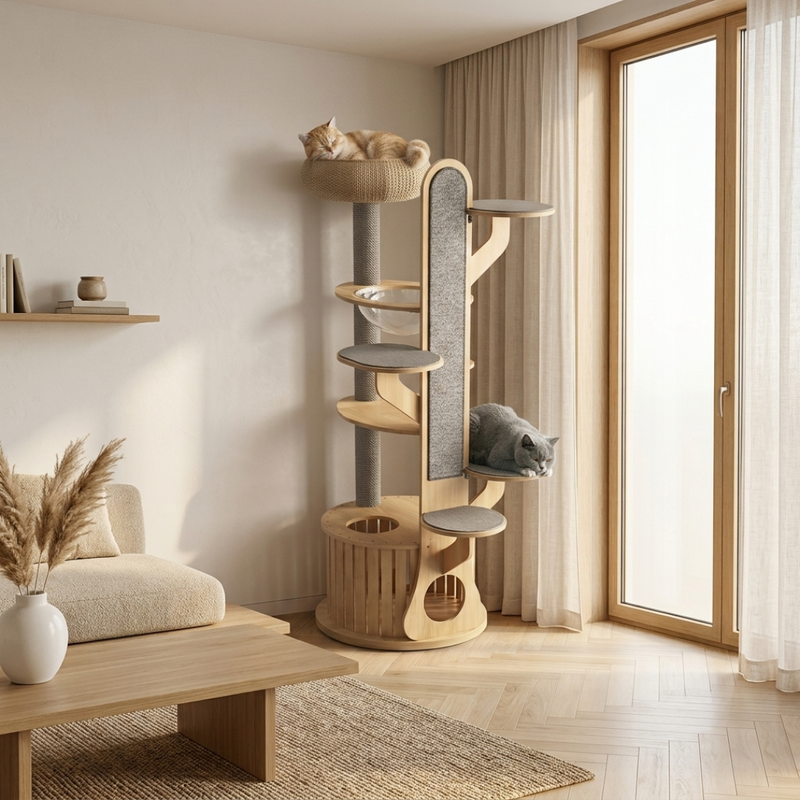 Arbre à chat en bois clair en situation dans un salon japandi