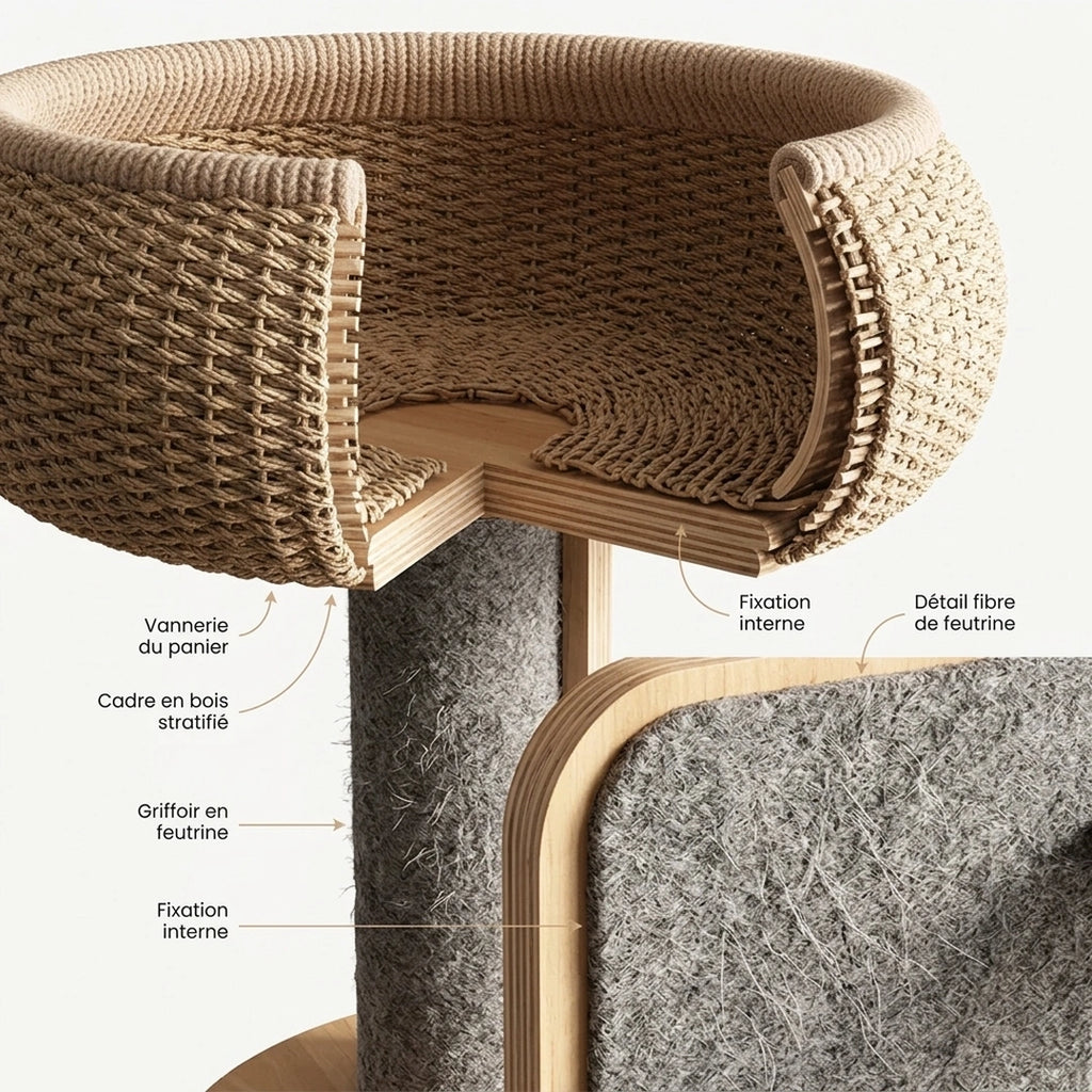 Détail du panier en vannerie et du griffoir en feutrine de L'Élégance Scandinave