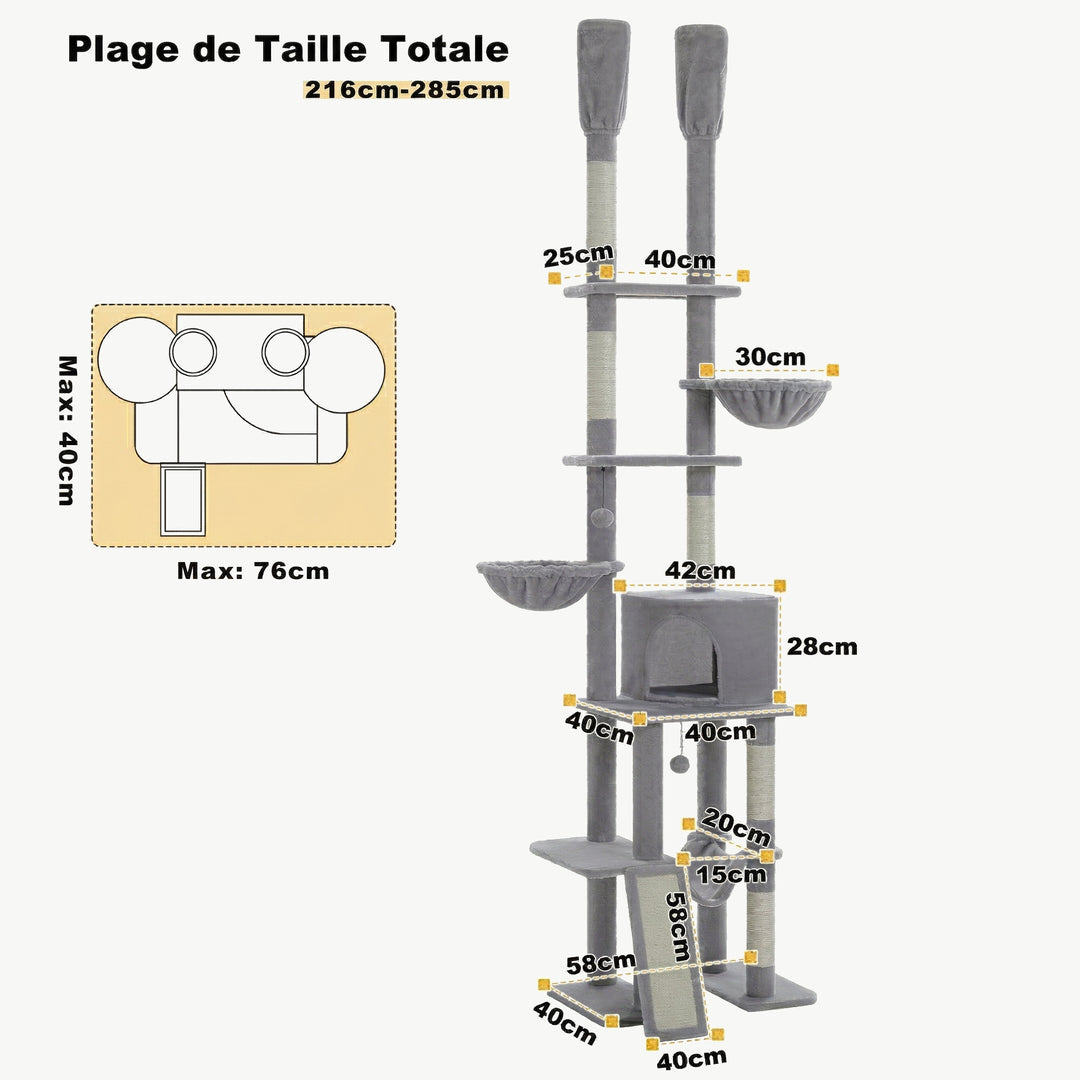 Dimensions de L'Ascension : hauteur réglable 216 à 285 cm, base 40 x 40 cm