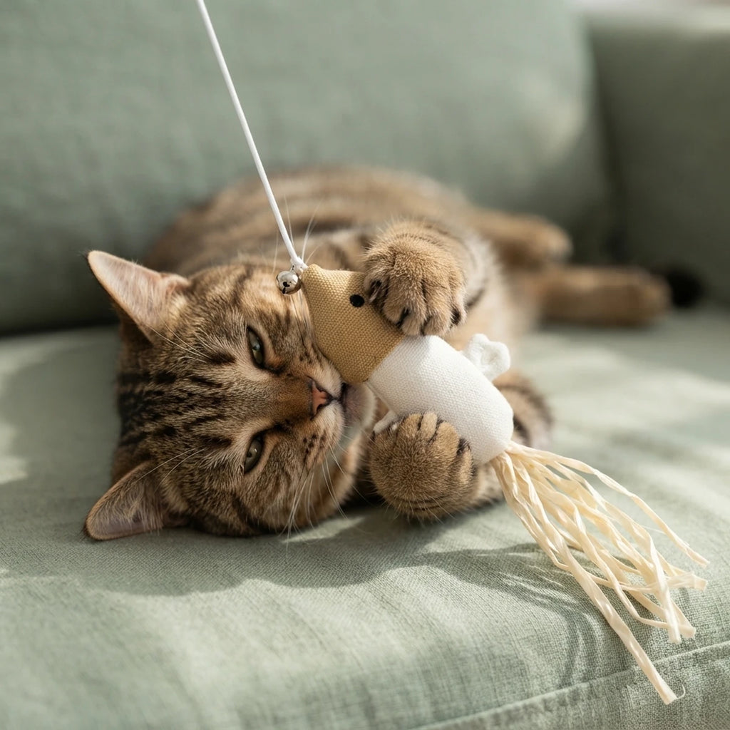 Chat tigré brun jouant avec la baguette Le Calamar sur un canapé