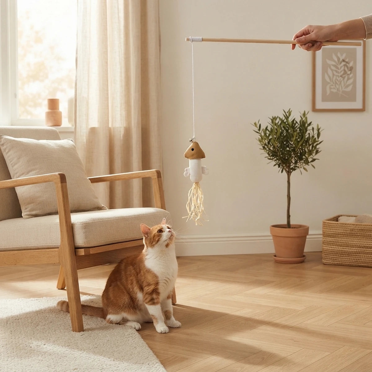 Baguette pour chat Le Calamar tenue à la main dans un salon, chat roux et blanc prêt à bondir