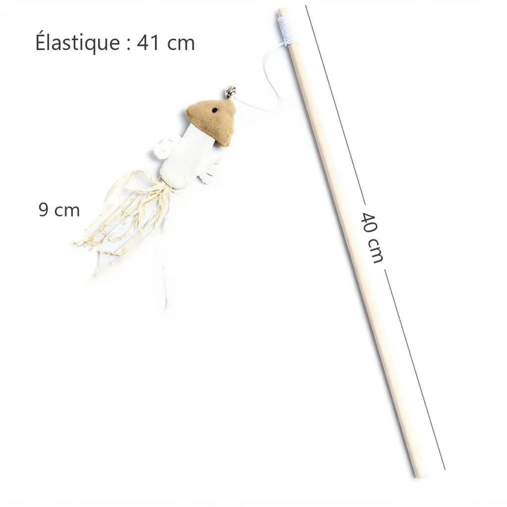 Dimensions de la baguette pour chat Le Calamar : baguette 40 cm, élastique 41 cm, calamar 9 cm