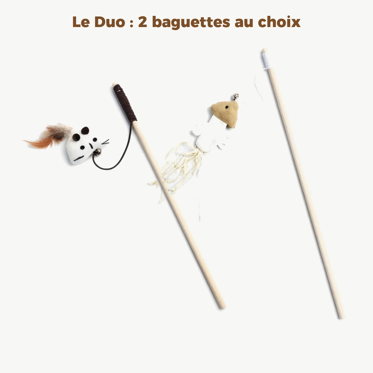 Le Duo : exemple de lot de 2 baguettes pour chat, La Frimousse et Le Calamar