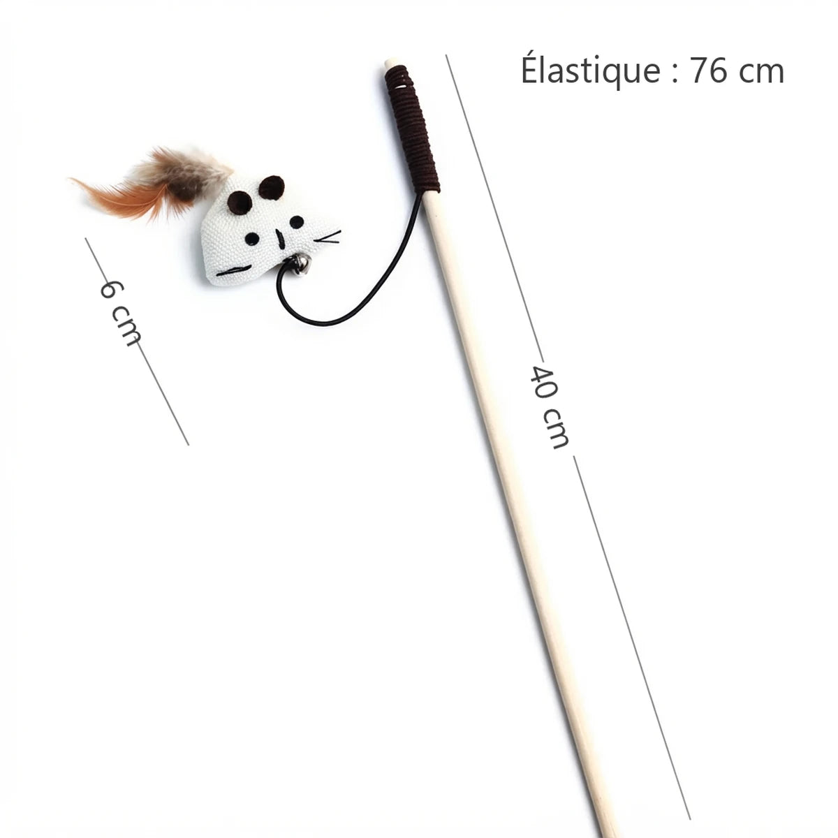 Dimensions de la baguette pour chat La Frimousse : baguette 40 cm, élastique 76 cm, souris 6 cm