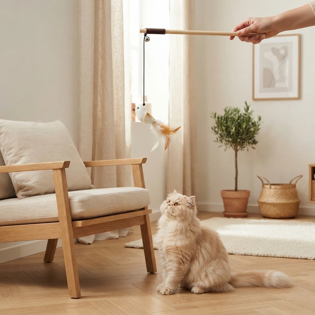Baguette pour chat Le Moineau tenue à la main dans un salon, chat persan crème prêt à bondir
