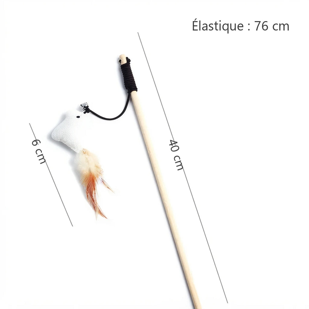 Dimensions de la baguette pour chat Le Moineau : baguette 40 cm, élastique 76 cm, oiseau 6 cm