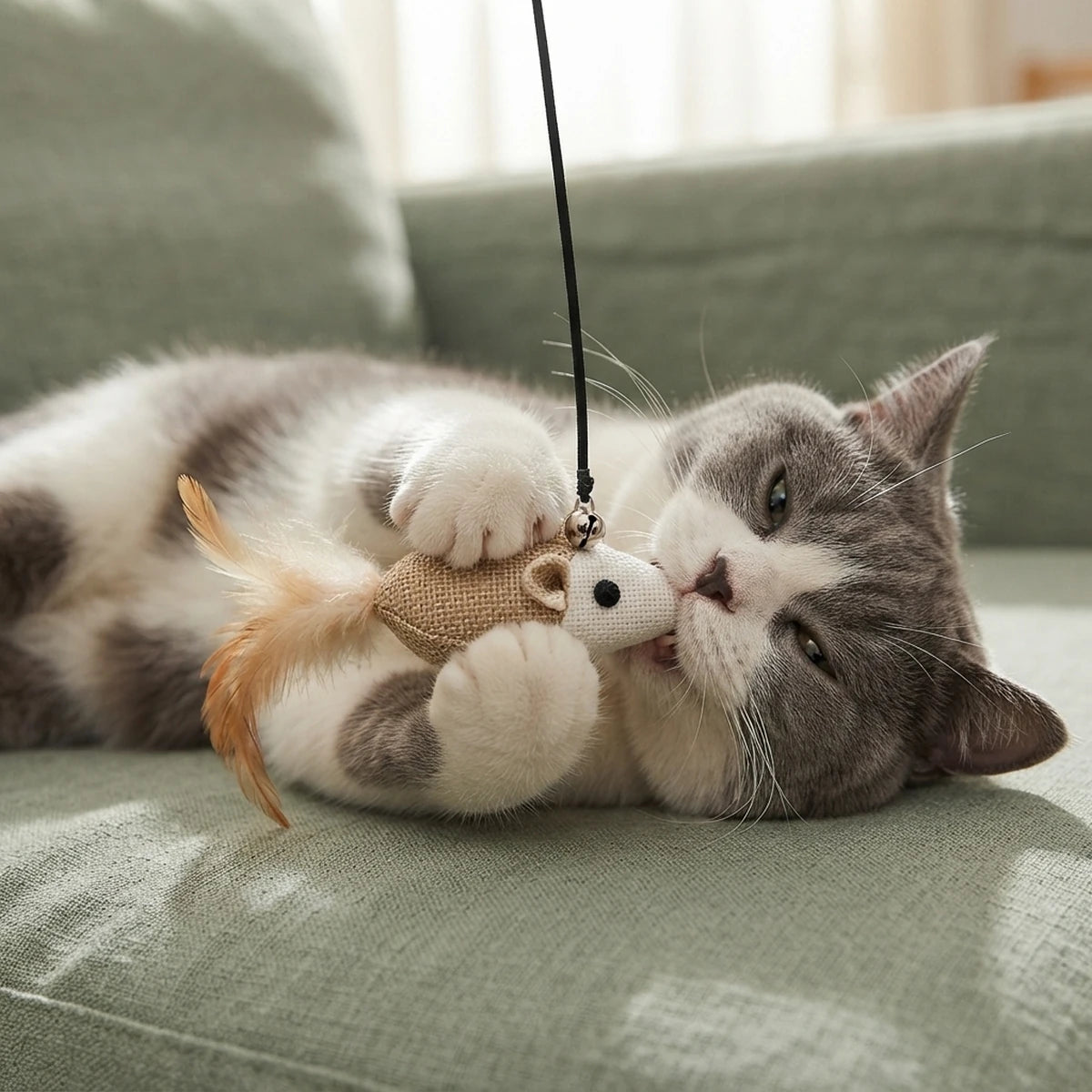 British Shorthair gris et blanc jouant avec la baguette Le Mulot sur un canapé