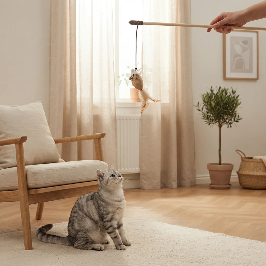 Baguette pour chat Le Mulot tenue à la main dans un salon, chat tigré argenté prêt à bondir