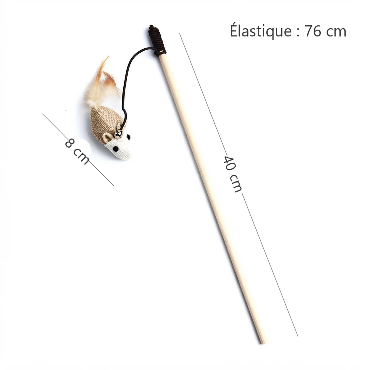 Dimensions de la baguette pour chat Le Mulot : baguette 40 cm, élastique 76 cm, souris 8 cm