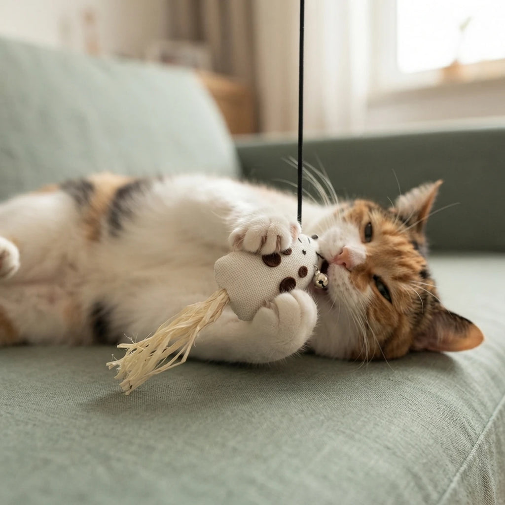 Chat calico jouant avec la baguette La Souricette sur un canapé