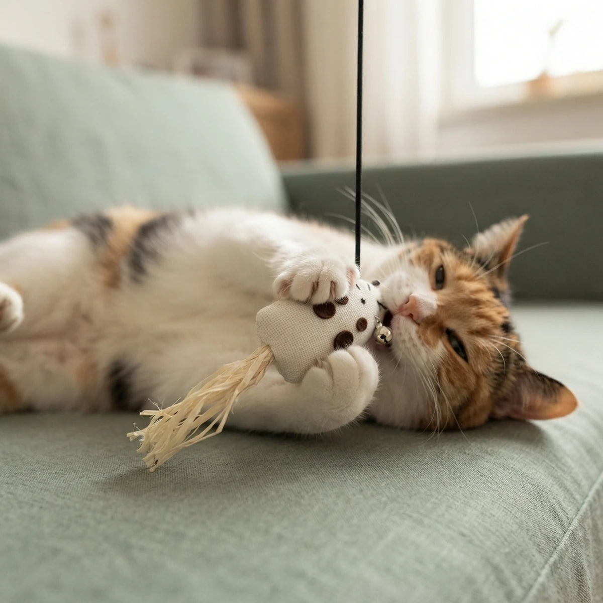 Chat calico jouant avec la baguette La Souricette sur un canapé