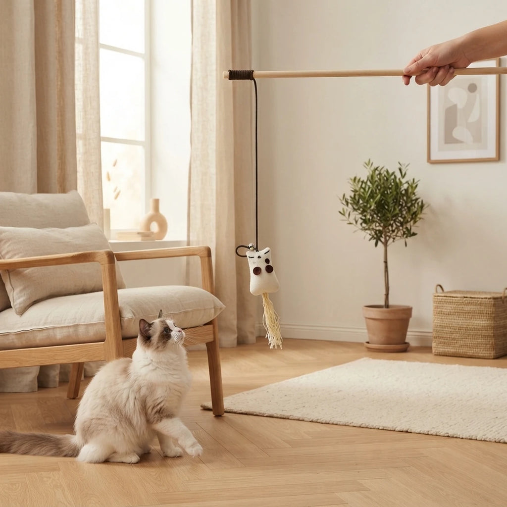 Baguette pour chat La Souricette tenue à la main dans un salon, chat Ragdoll prêt à bondir