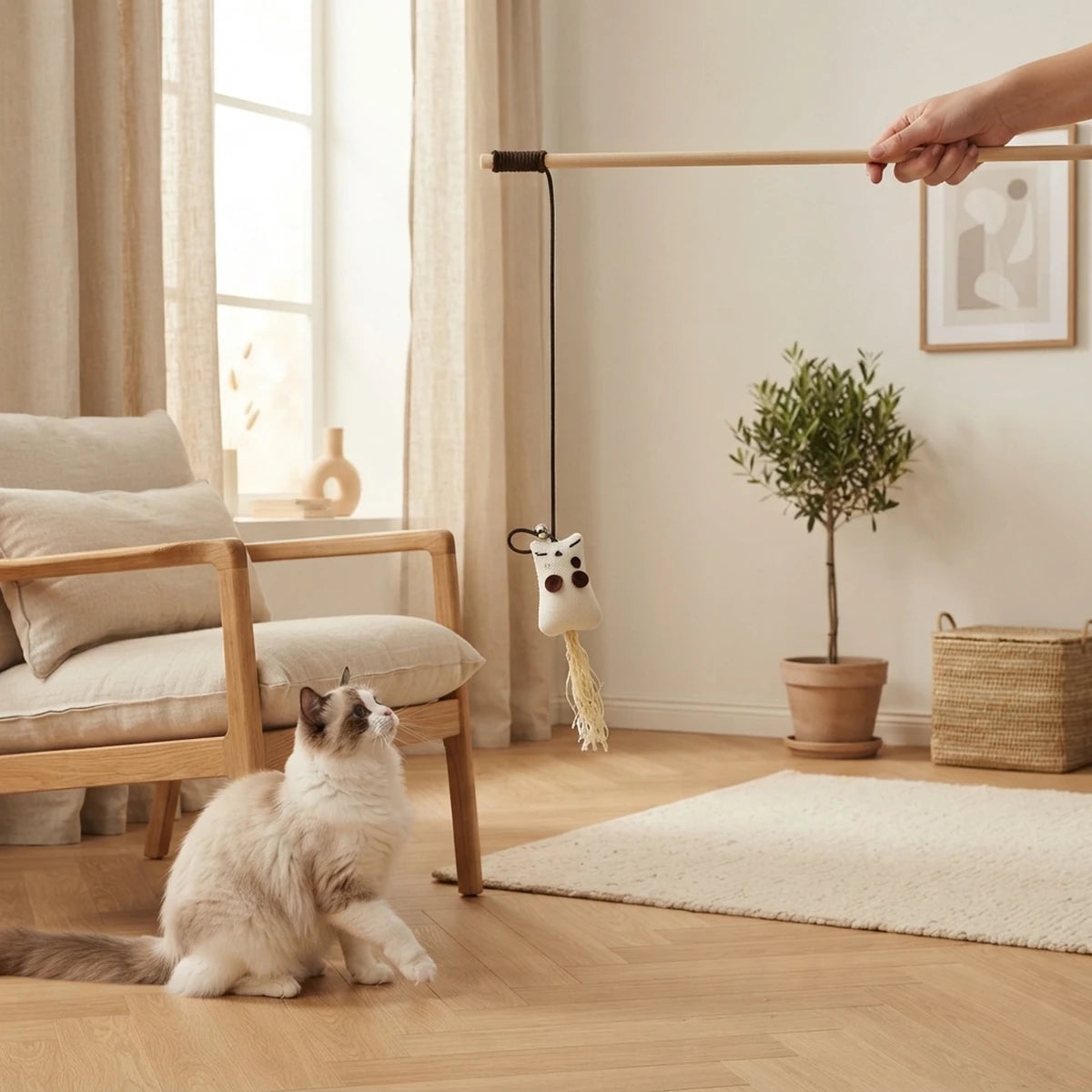 Baguette pour chat La Souricette tenue à la main dans un salon, chat Ragdoll prêt à bondir