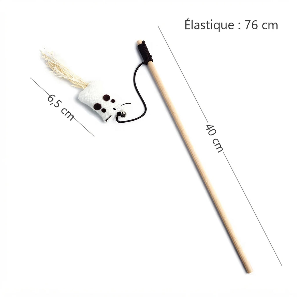 Dimensions de la baguette pour chat La Souricette : baguette 40 cm, élastique 76 cm, souris 6,5 cm