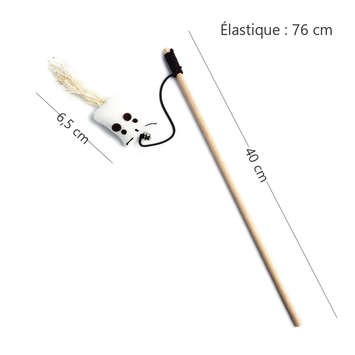 Dimensions de la baguette pour chat La Souricette : baguette 40 cm, élastique 76 cm, souris 6,5 cm