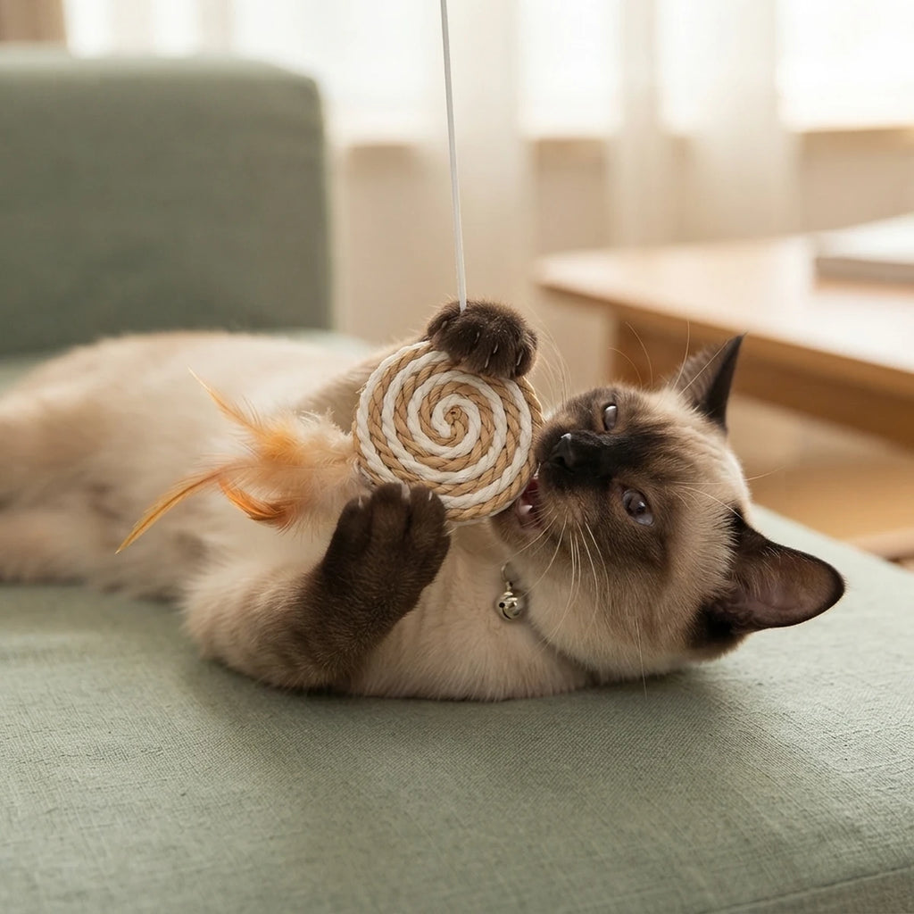 Chat siamois jouant avec la baguette La Sucette sur un canapé