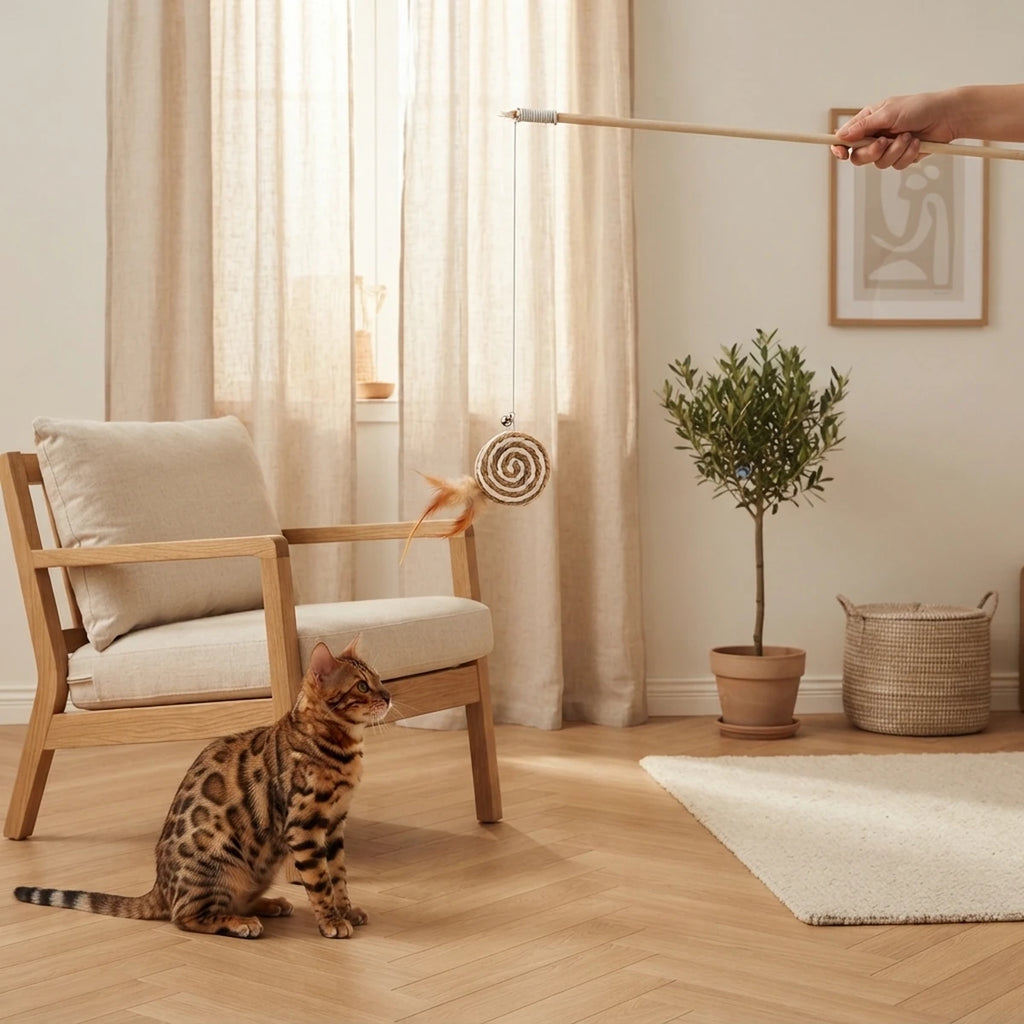 Baguette pour chat La Sucette tenue à la main dans un salon, chat Bengal prêt à bondir