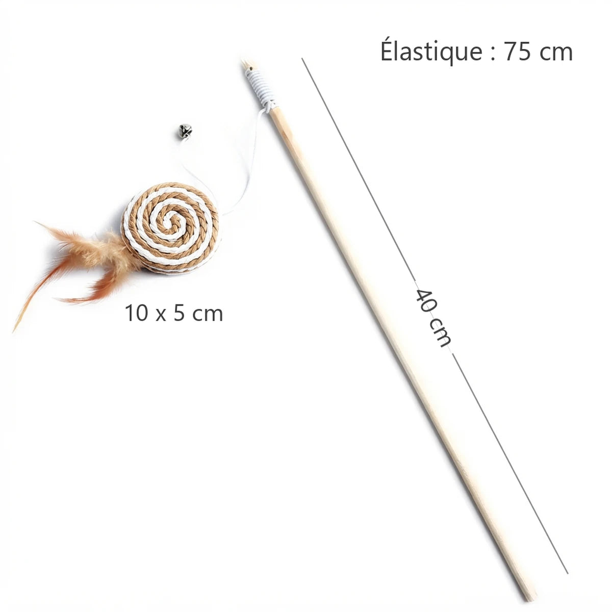Dimensions de la baguette pour chat La Sucette : baguette 40 cm, élastique 75 cm, sucette 10 x 5 cm