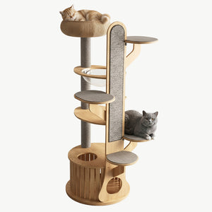 Arbre à Chat Design 190cm | Bois Massif, Niche & Griffoir | L'Élégance Scandinave
