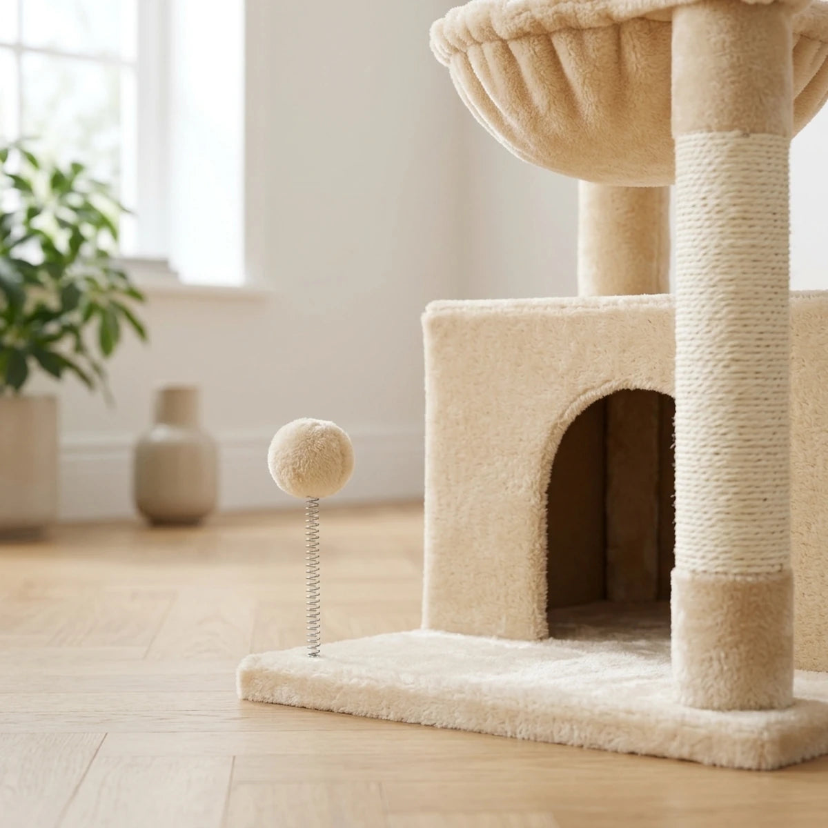 Gros plan sur le socle de l'arbre à chat Le Douillet beige : base en peluche, poteau griffoir en sisal et pompon sur ressort