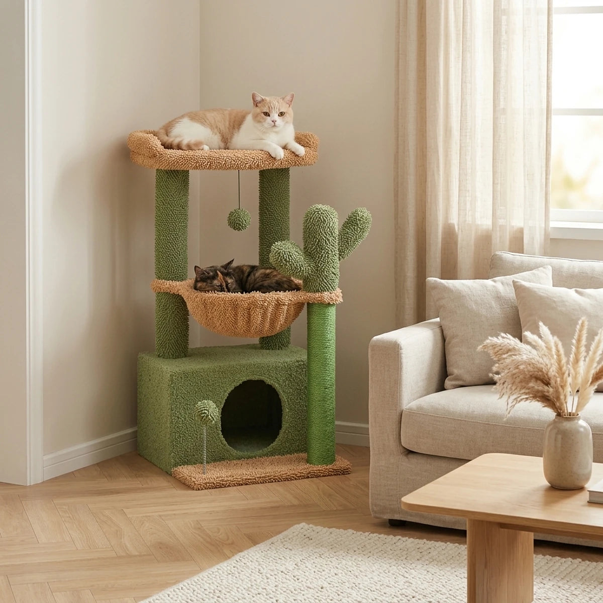 Arbre à chat Le Douillet vert cactus contre le mur d'un salon japandi, British Shorthair crème sur le perchoir et chat écaille de tortue dans le hamac