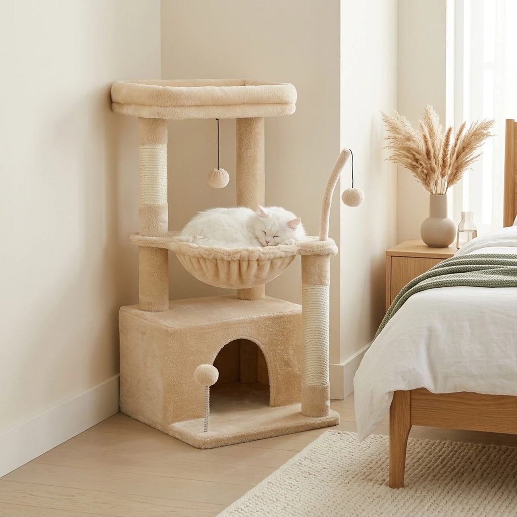 Arbre à chat Le Douillet beige dans l'angle d'une chambre, chat blanc à poils longs dans le hamac