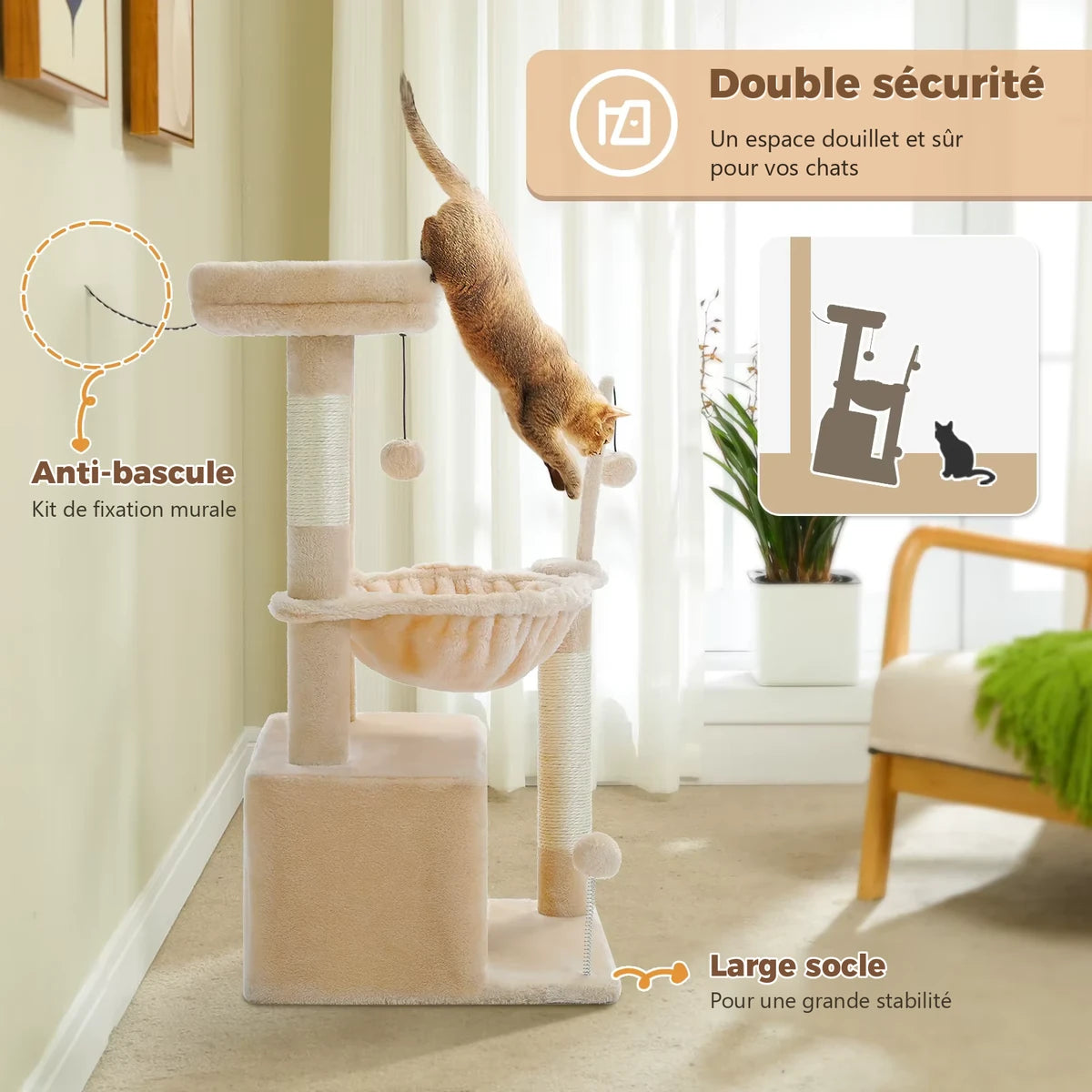 Double sécurité de l'arbre à chat Le Douillet beige : kit anti-basculement et large socle