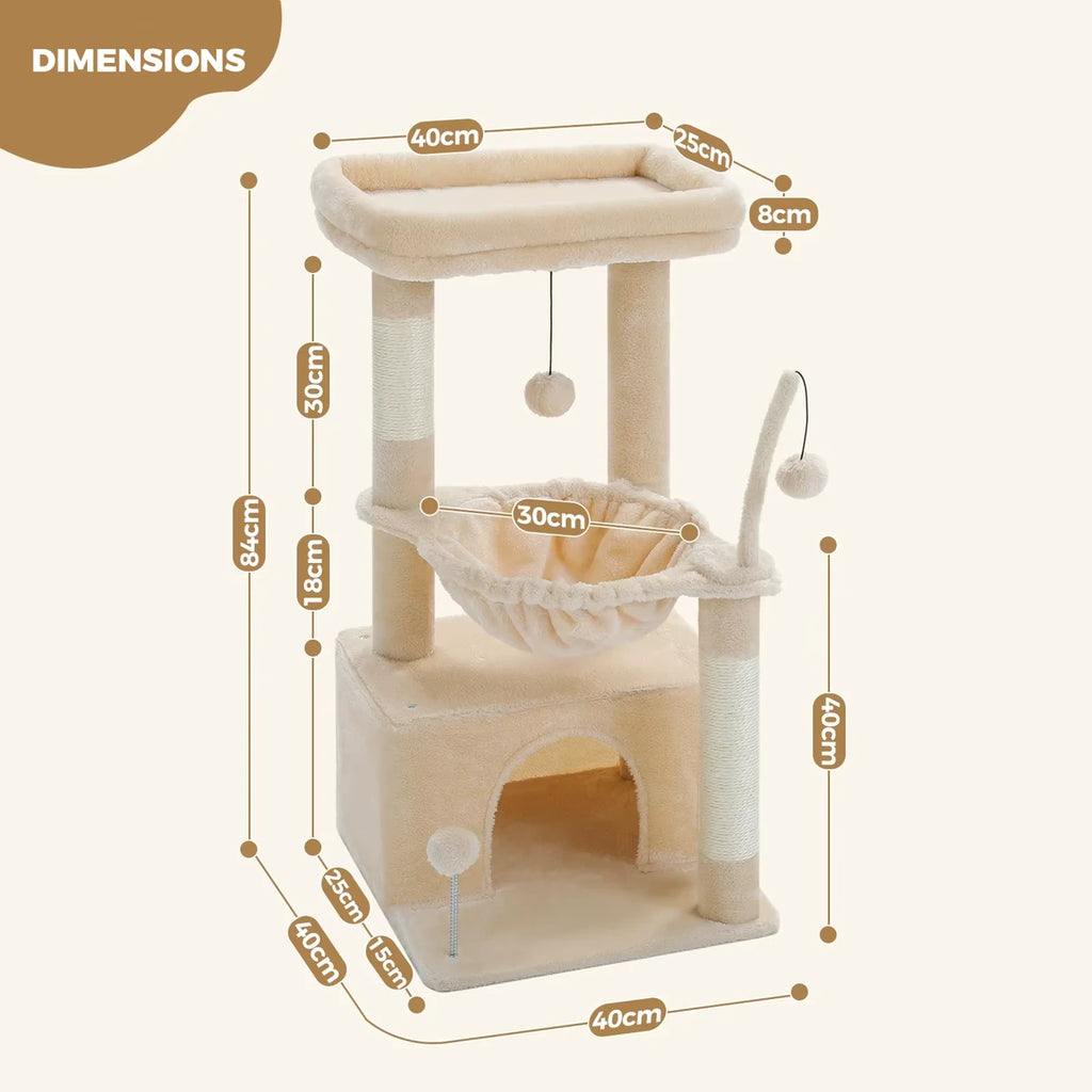 Dimensions de l'arbre à chat Le Douillet beige : hauteur 84 cm, perchoir 40 x 25 cm, hamac 30 cm, socle 40 x 40 cm