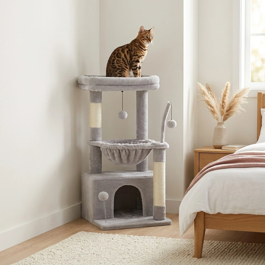 Arbre à chat Le Douillet gris dans l'angle d'une chambre, chat Bengal assis sur le perchoir