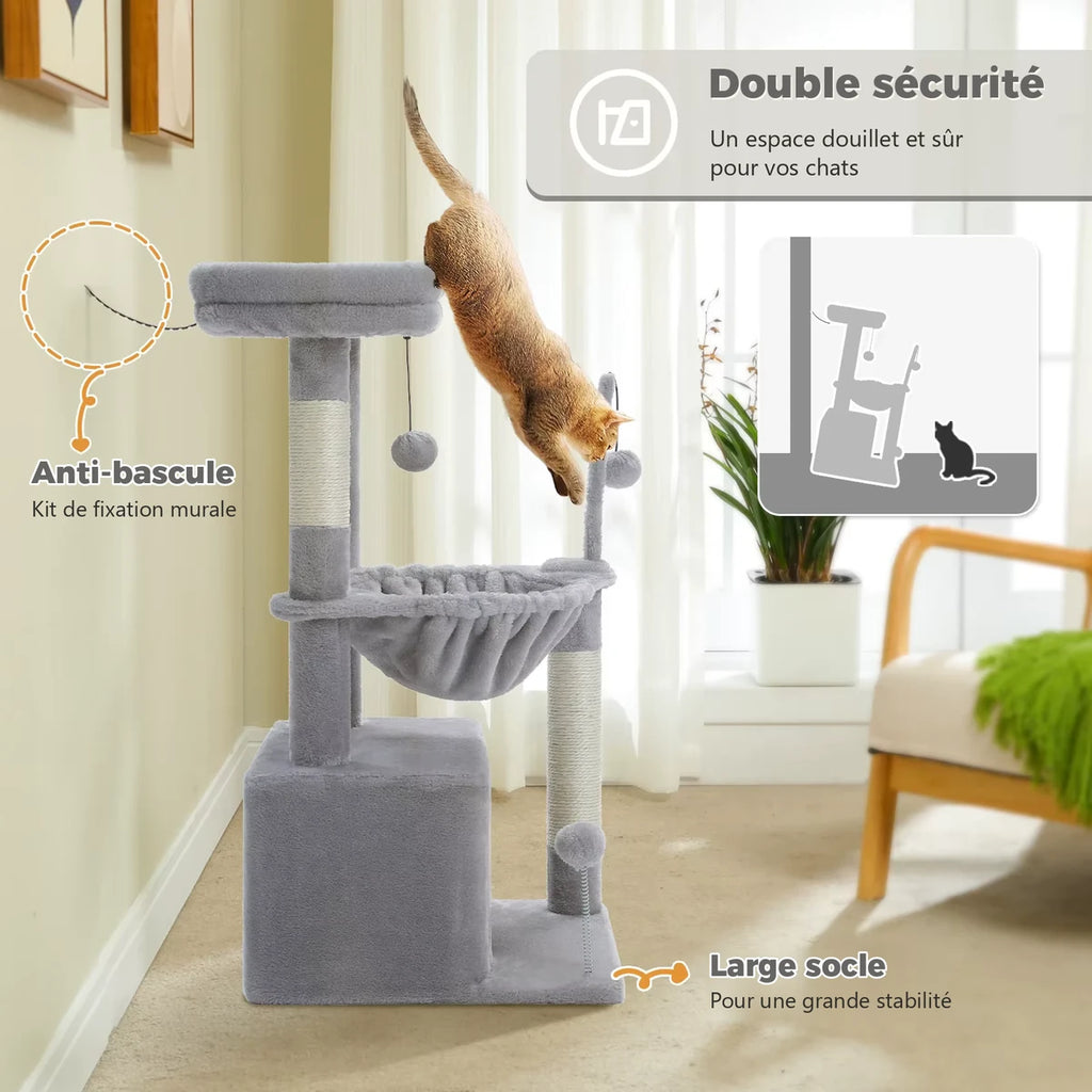 Double sécurité de l'arbre à chat Le Douillet gris : kit anti-basculement et large socle