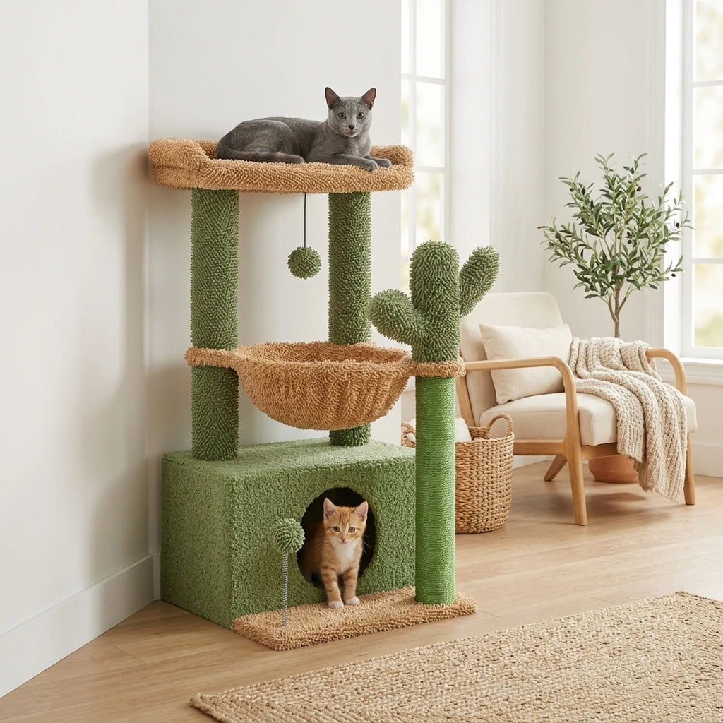 Arbre à chat Le Douillet vert cactus contre le mur d'un salon, chat bleu russe sur le perchoir et chaton roux dans la niche