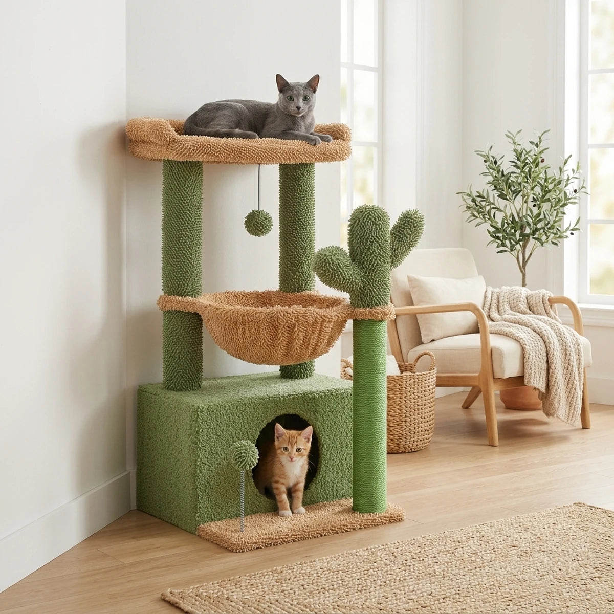 Arbre à chat Le Douillet vert cactus contre le mur d'un salon, chat bleu russe sur le perchoir et chaton roux dans la niche