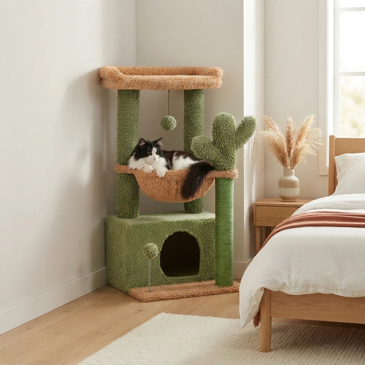 Arbre à chat Le Douillet vert cactus dans l'angle d'une chambre, chat noir et blanc à poils longs dans le hamac