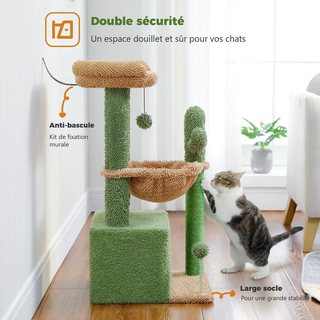 Double sécurité de l'arbre à chat Le Douillet vert cactus : kit anti-basculement et large socle