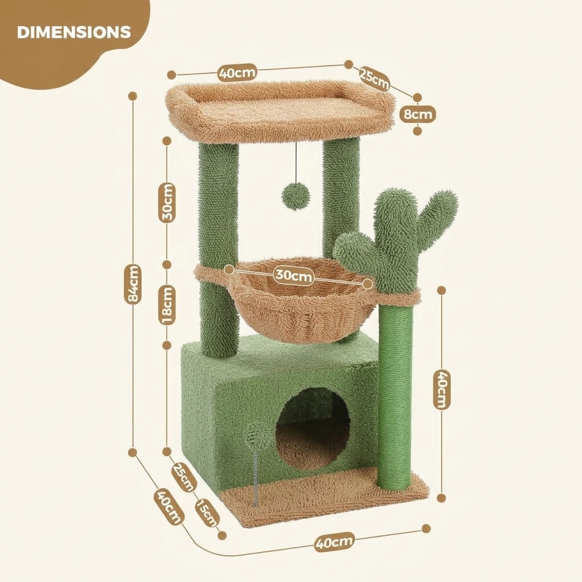 Dimensions de l'arbre à chat Le Douillet vert cactus : hauteur 84 cm, perchoir 40 x 25 cm, hamac 30 cm, socle 40 x 40 cm