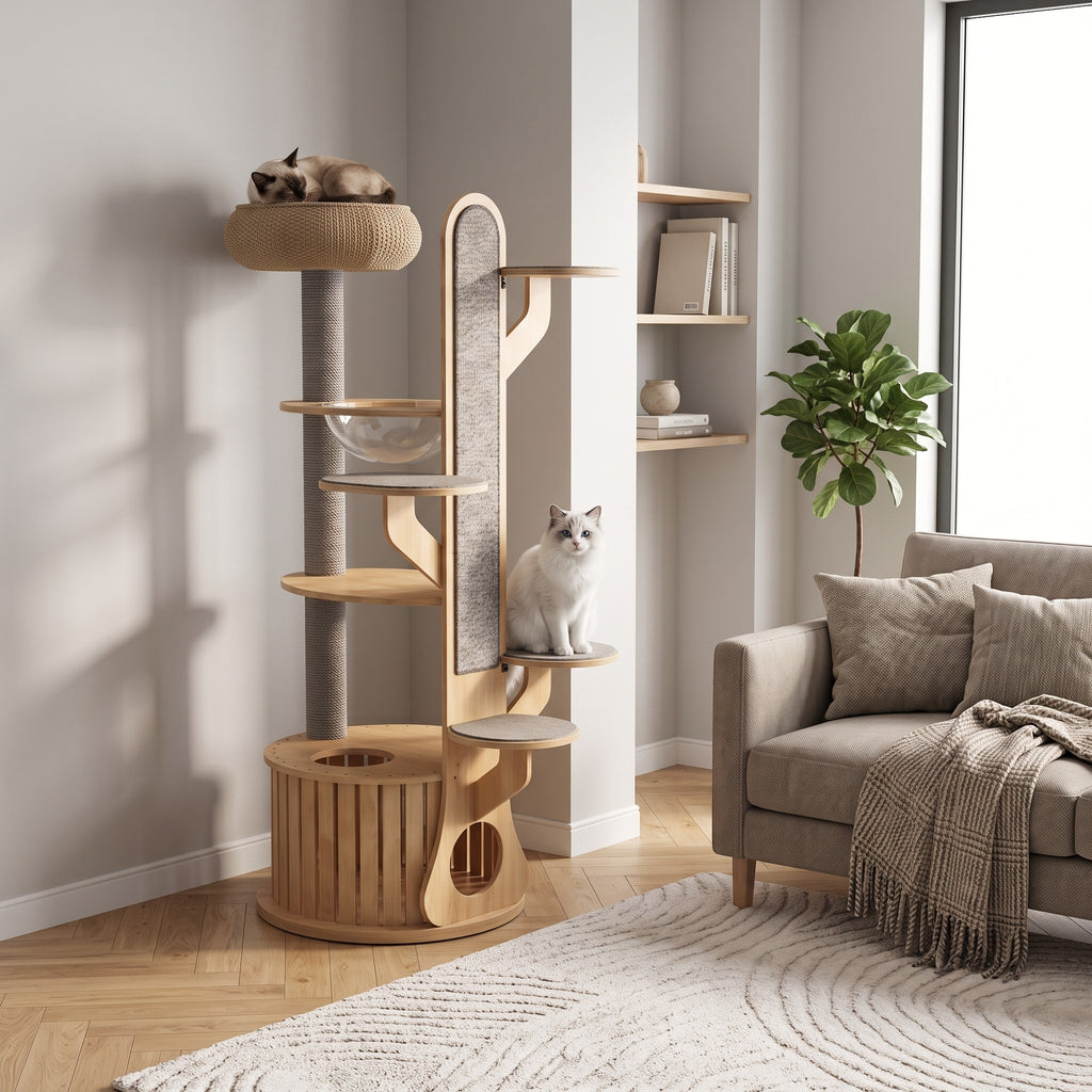 Arbre à chat design scandinave en bois clair intégré dans un salon épuré