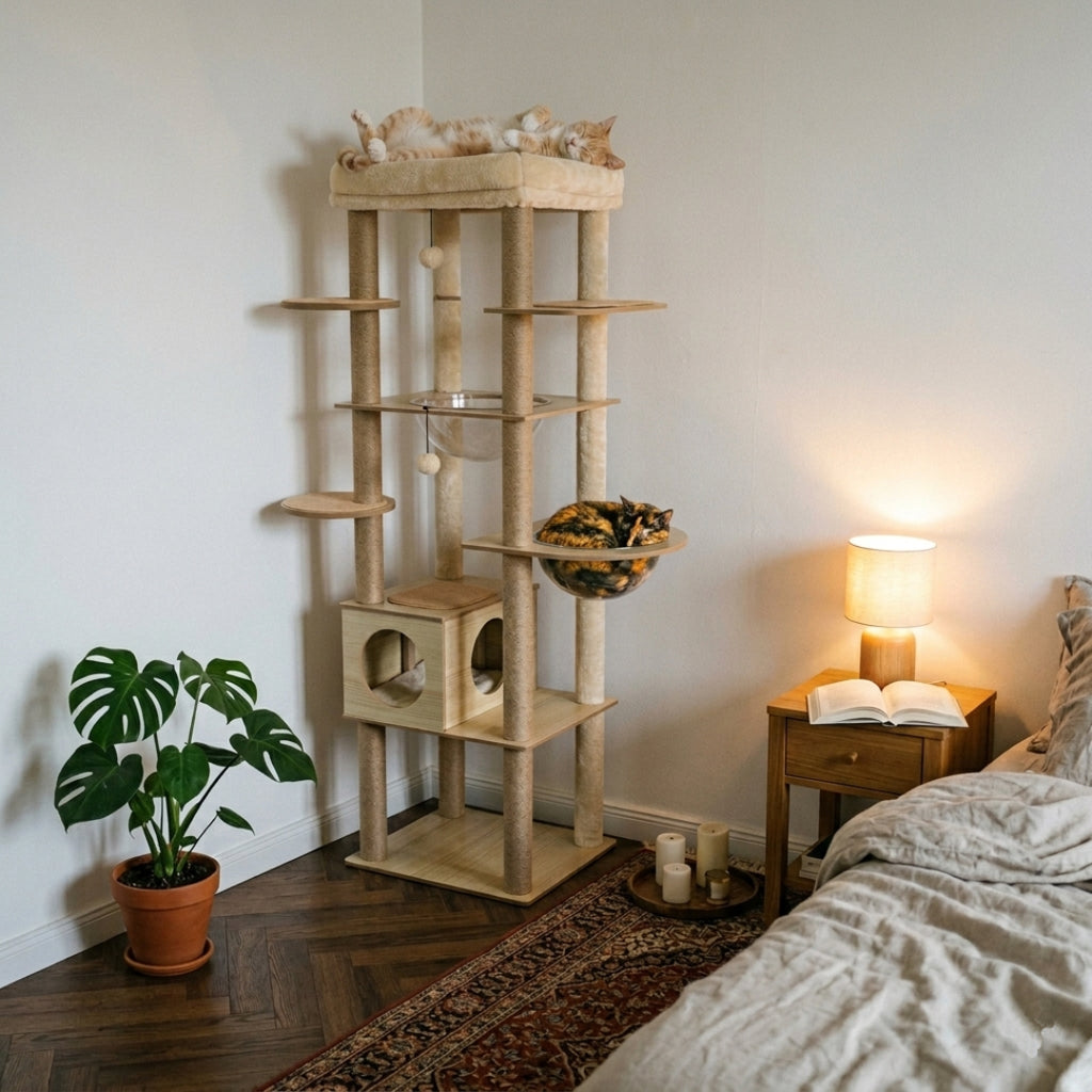 Le Panorama installé dans une chambre, chat allongé au sommet