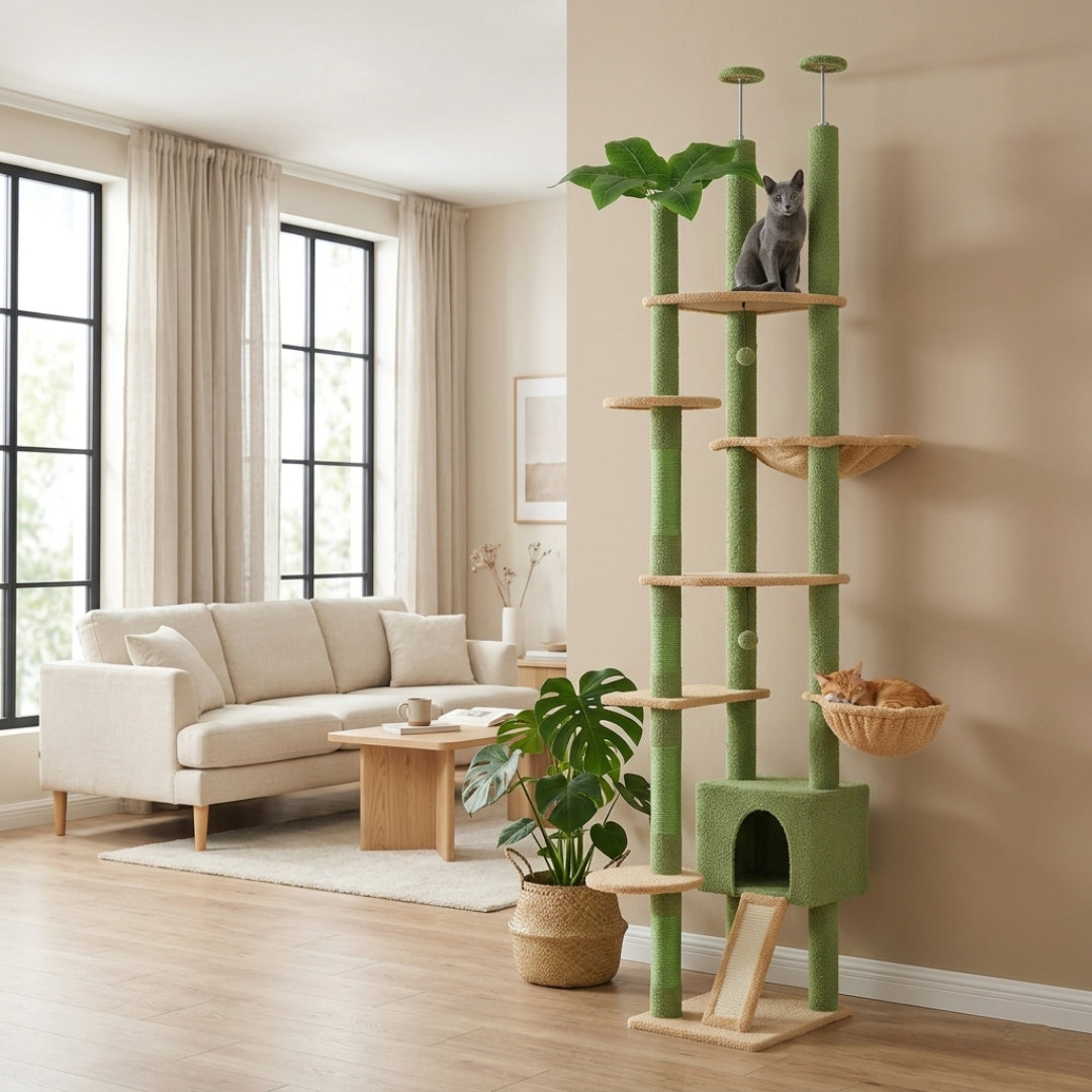 Tour Féline | XXL Réglable Sol-Plafond avec Hamac et Niche – Tour d’Escalade pour Chats