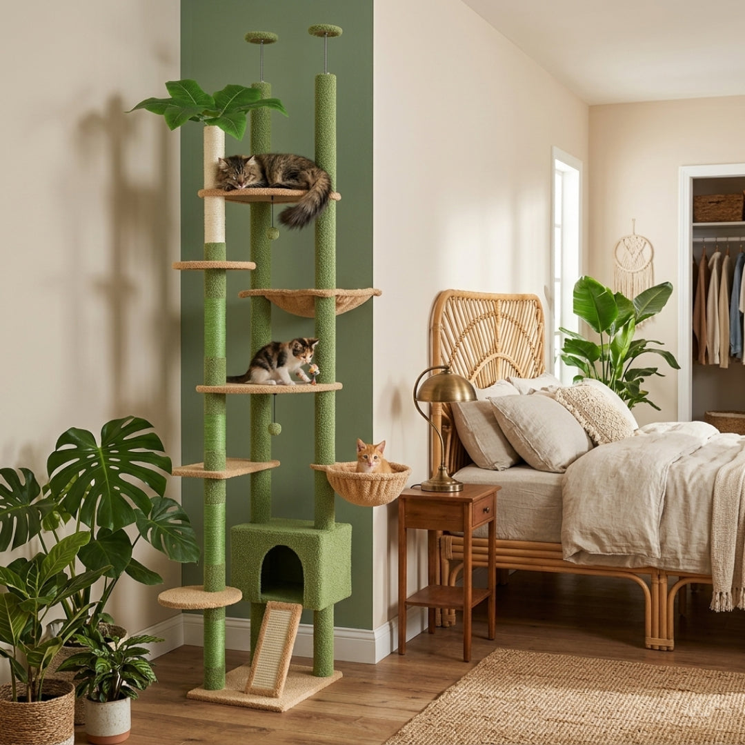 Tour Féline | XXL Réglable Sol-Plafond avec Hamac et Niche – Tour d’Escalade pour Chats