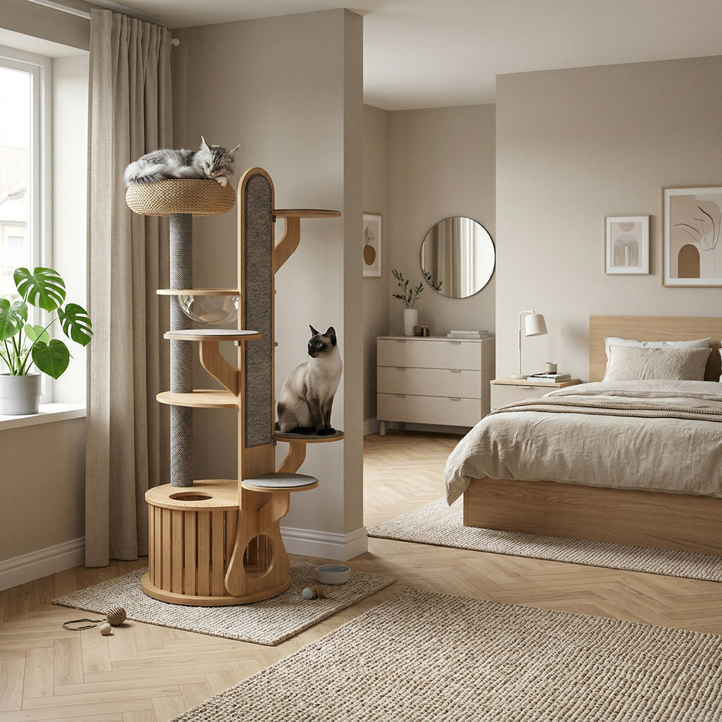 Arbre à chat scandinave 190 cm dans une chambre, chat allongé sur le panier supérieur