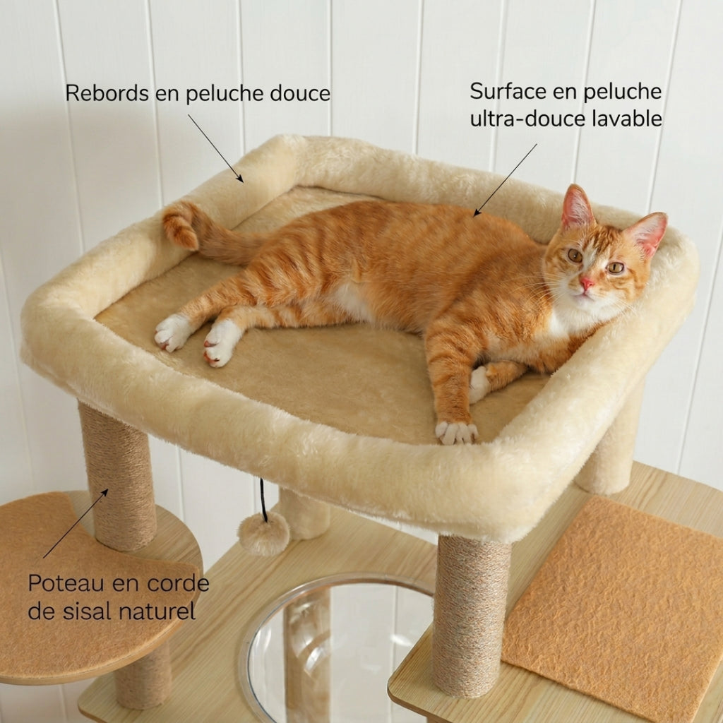 Perchoir en peluche lavable du Panorama, chat roux allongé