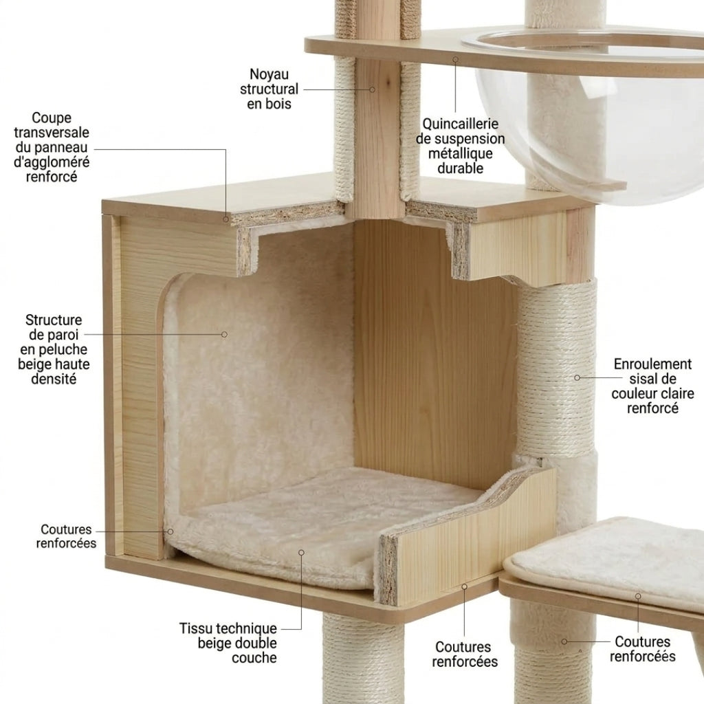 Détail de la niche en bois et du sisal renforcé de L'Explorateur
